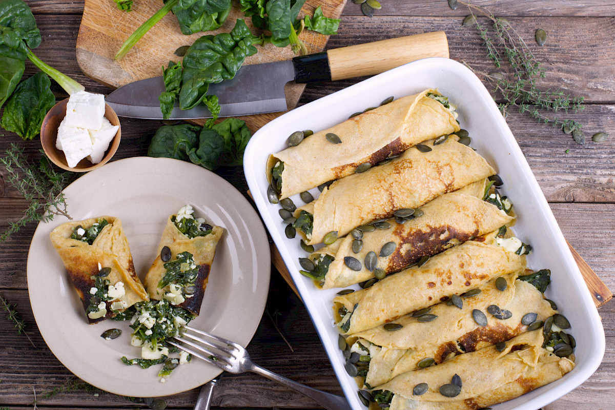 Einkorn-Pfannkuchen mit Spinat-Feta-Füllung