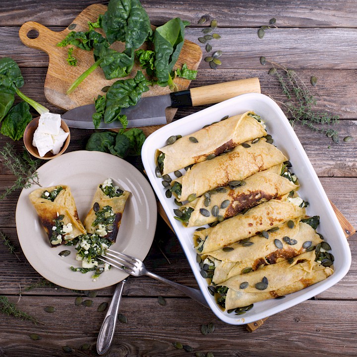 Einkorn-Pfannkuchen mit Spinat-Feta-Füllung