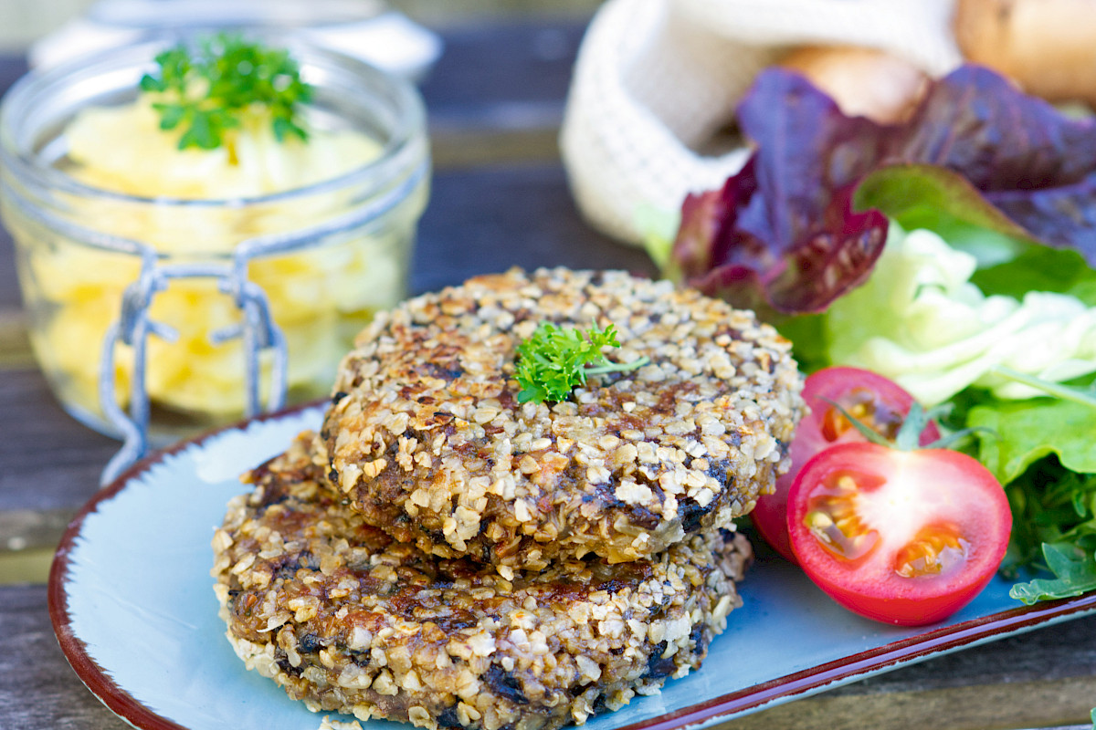 Haferflockenbratling mit frischem Gemüse und Kartoffeln
