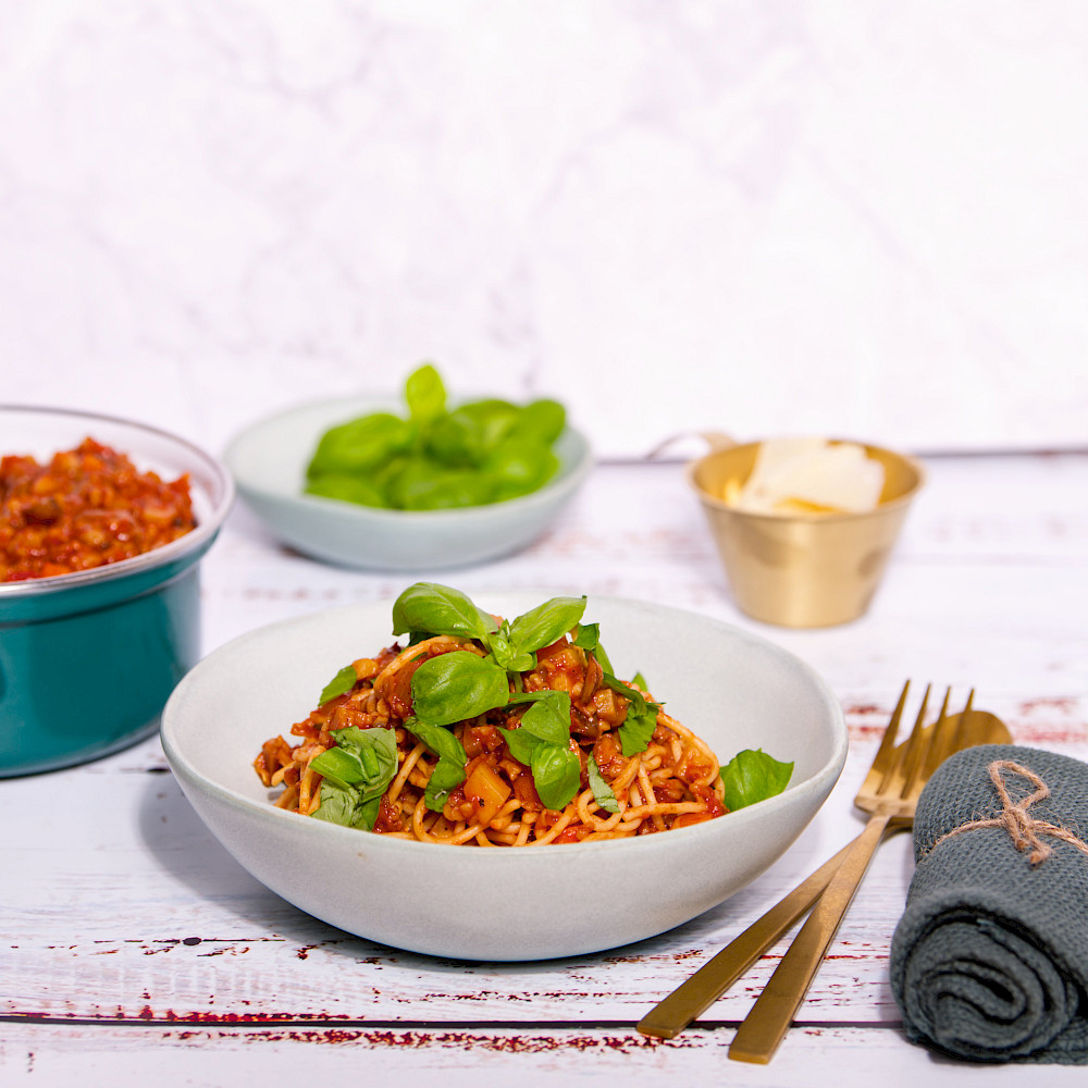 Grünkernbolognese mit Spaghetti