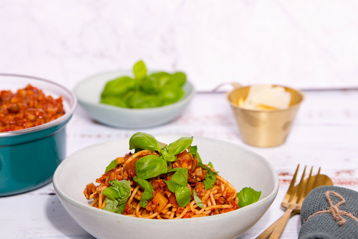 Grünkernbolognese mit Spaghetti