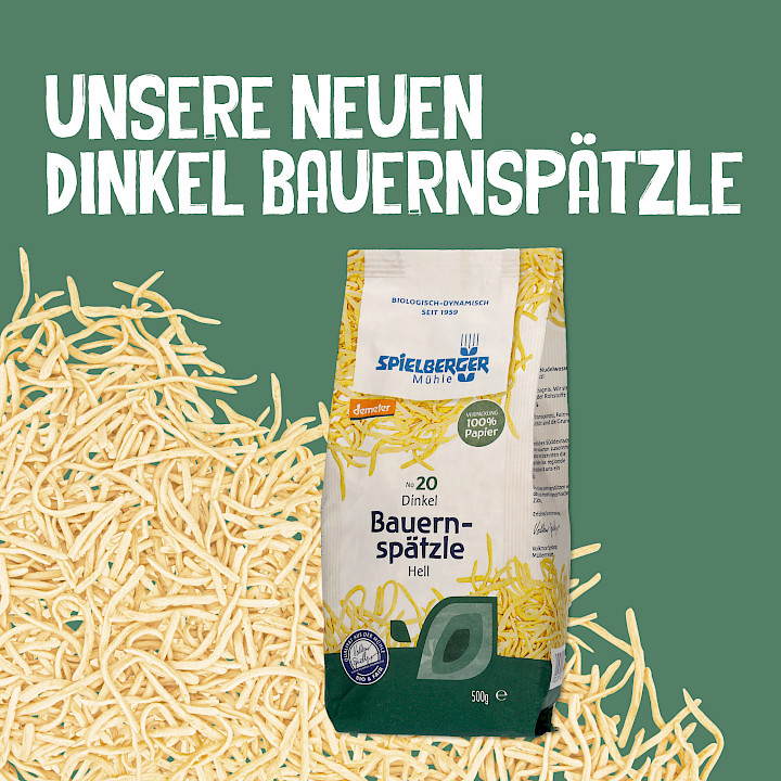 Neuprodukt der Spielberger Mühle: Dinkel Bauernspätzle hell